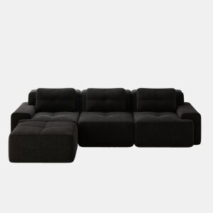 Sofá modular em L de 3 lugares - com otomano, estofado em veludo cotelê - preto