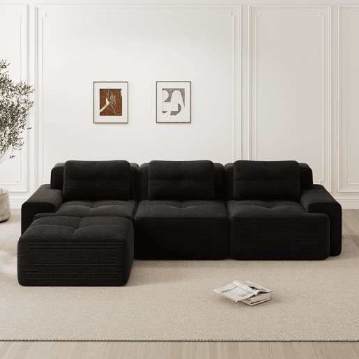 Sofá modular em L de 3 lugares - com otomano, estofado em veludo cotelê - preto