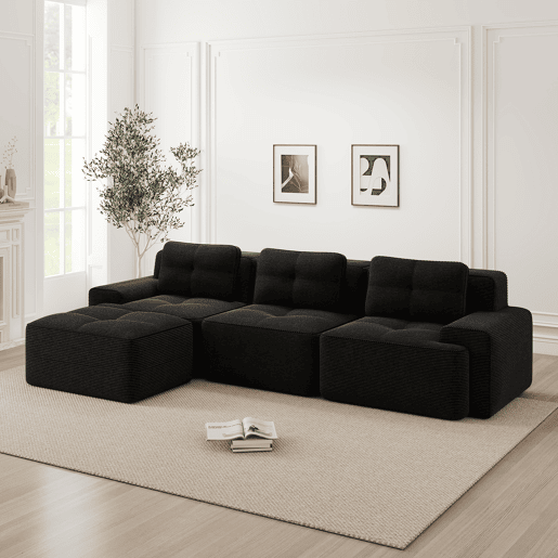 Sofá modular em L de 3 lugares - com otomano, estofado em veludo cotelê - preto