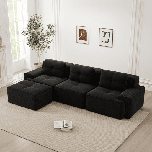 Sofá modular em L de 3 lugares - com otomano, estofado em veludo cotelê - preto