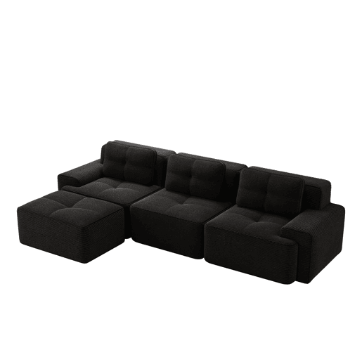 Sofá modular em L de 3 lugares - com otomano, estofado em veludo cotelê - preto