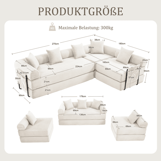 Sofá modular de 4 lugares - com arrumação, função modular, adequado para animais de estimação - Bege Sofá modular de 4 lugares - com arrumação, função modular, adequado para animais de estimação - Bege