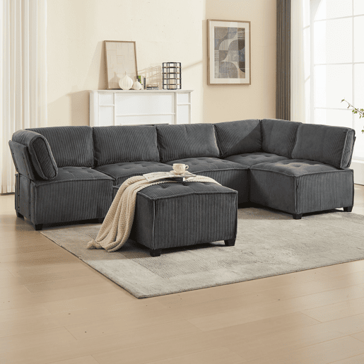 Sofá modular de 6 lugares, 308 cm - Veludo cotelê, ergonómico, com arrumação, convertível em ULsofá-cama, estrutura em madeira e metal, fácil montagem - Cinza Sofá modular de 6 lugares, 308 cm - Veludo cotelê, ergonómico, com arrumação, convertível em ULsofá-cama, estrutura em madeira e metal, fácil montagem - Cinza