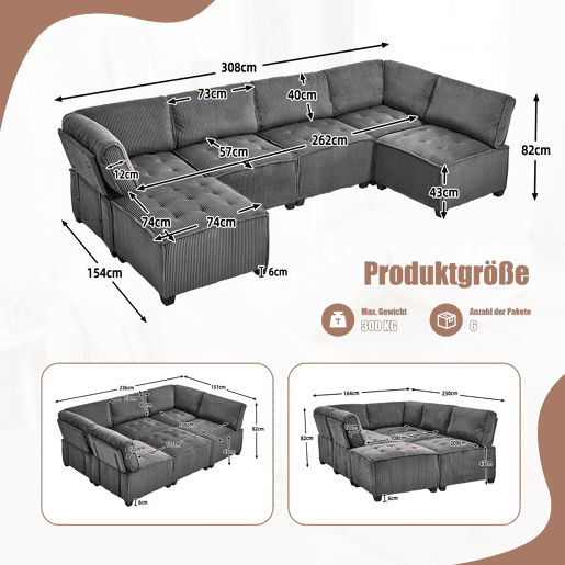 Sofá modular de 6 lugares, 308 cm - Veludo cotelê, ergonómico, com arrumação, convertível em ULsofá-cama, estrutura em madeira e metal, fácil montagem - Cinza Sofá modular de 6 lugares, 308 cm - Veludo cotelê, ergonómico, com arrumação, convertível em ULsofá-cama, estrutura em madeira e metal, fácil montagem - Cinza