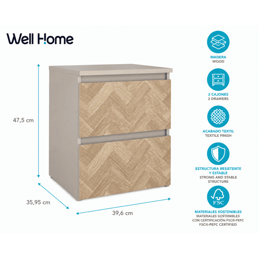Mesa de Cabeceira 2 Gavetas Bidasoa CashmereHerringbone 40x36x48 cm Mesa Auxiliar para Quarto com Arrumação e Design Têxtil Mesa de Cabeceira 2 Gavetas Bidasoa CashmereHerringbone 40x36x48 cm Mesa Auxiliar para Quarto com Arrumação e Design Têxtil