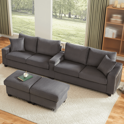 Sofá modular de 3 lugares - assento amplo, design ergonómico, estofamento em espuma de alta densidade, porta USB-C e bolsos laterais - bege Sofá modular de 3 lugares - assento amplo, design ergonómico, estofamento em espuma de alta densidade, porta USB-C e bolsos laterais - bege