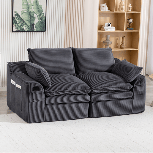 Sofá modular de veludo cotelê de 2 lugares - almofadas, bolsos laterais duplos, espuma de 3 camadas + núcleo de molas, recuperação rápida - cinzento escuro Sofá modular de veludo cotelê de 2 lugares - almofadas, bolsos laterais duplos, espuma de 3 camadas + núcleo de molas, recuperação rápida - cinzento escuro