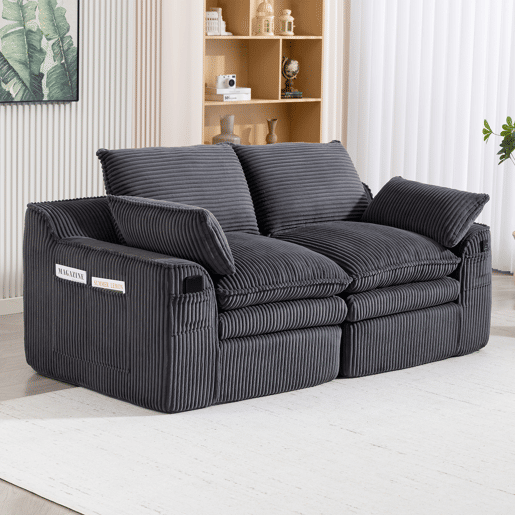 Sofá modular de veludo cotelê de 2 lugares - almofadas, bolsos laterais duplos, espuma de 3 camadas + núcleo de molas, recuperação rápida - cinzento escuro Sofá modular de veludo cotelê de 2 lugares - almofadas, bolsos laterais duplos, espuma de 3 camadas + núcleo de molas, recuperação rápida - cinzento escuro