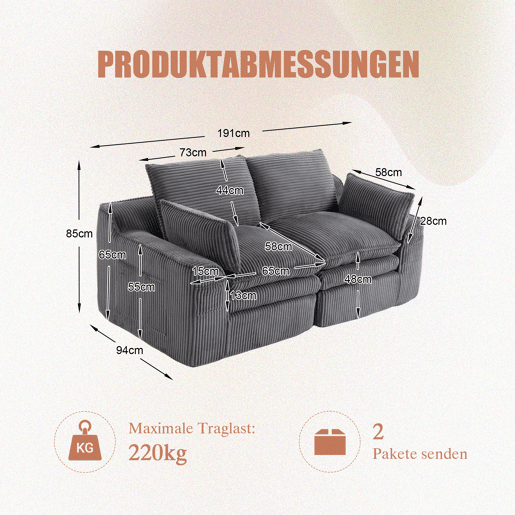 Sofá modular de veludo cotelê de 2 lugares - almofadas, bolsos laterais duplos, espuma de 3 camadas + núcleo de molas, recuperação rápida - cinzento escuro Sofá modular de veludo cotelê de 2 lugares - almofadas, bolsos laterais duplos, espuma de 3 camadas + núcleo de molas, recuperação rápida - cinzento escuro