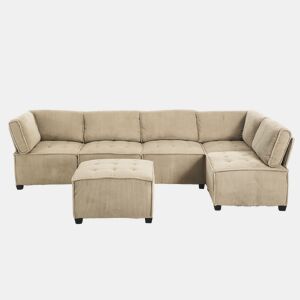 Sofá modular de 6 lugares - Veludo cotelê, ergonómico, com arrumação, convertível, estrutura estável - Cáqui