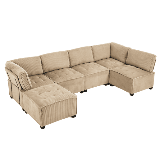 Sofá modular de 6 lugares - Veludo cotelê, ergonómico, com arrumação, convertível, estrutura estável - Cáqui