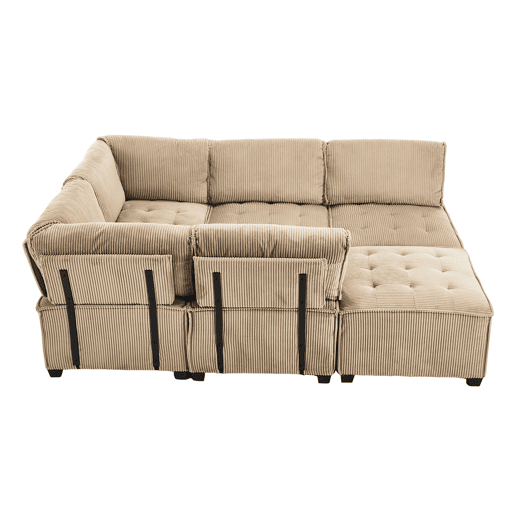 Sofá modular de 6 lugares - Veludo cotelê, ergonómico, com arrumação, convertível, estrutura estável - Cáqui