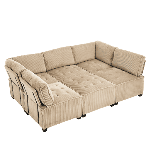 Sofá modular de 6 lugares - Veludo cotelê, ergonómico, com arrumação, convertível, estrutura estável - Cáqui