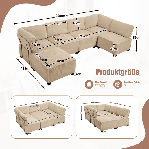 Sofá modular de 6 lugares - Veludo cotelê, ergonómico, com arrumação, convertível, estrutura estável - Cáqui