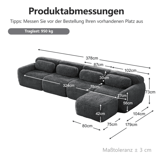 Sofá modular em L para 4 pessoas - sem montagem, chaise longue - cinzento Sofá modular em L para 4 pessoas - sem montagem, chaise longue - cinzento