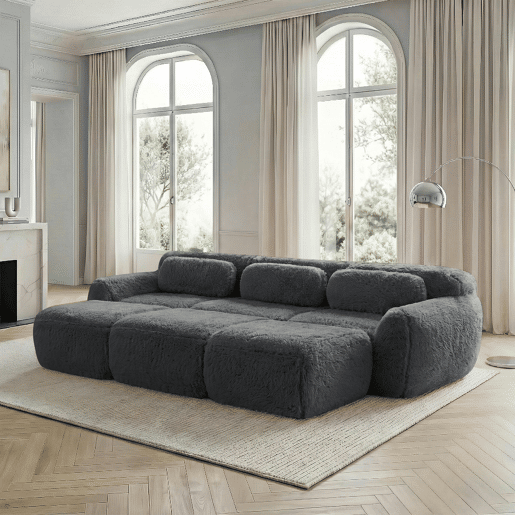 Sofá modular - 3 lugares - Tecido felpudo macio, 3 pufes, sofá-cama confortável - Cinza Sofá modular - 3 lugares - Tecido felpudo macio, 3 pufes, sofá-cama confortável - Cinza
