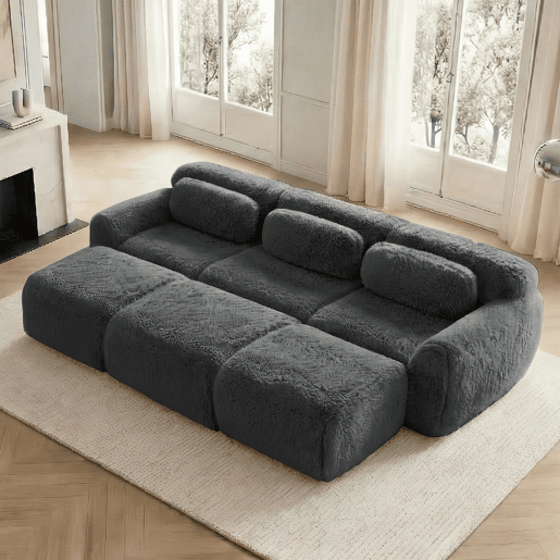 Sofá modular - 3 lugares - Tecido felpudo macio, 3 pufes, sofá-cama confortável - Cinza Sofá modular - 3 lugares - Tecido felpudo macio, 3 pufes, sofá-cama confortável - Cinza