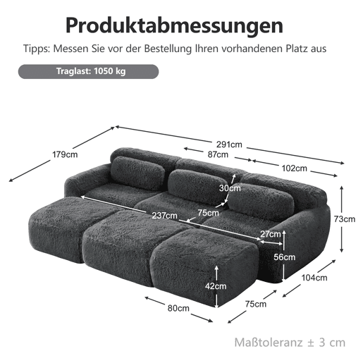 Sofá modular - 3 lugares - Tecido felpudo macio, 3 pufes, sofá-cama confortável - Cinza Sofá modular - 3 lugares - Tecido felpudo macio, 3 pufes, sofá-cama confortável - Cinza