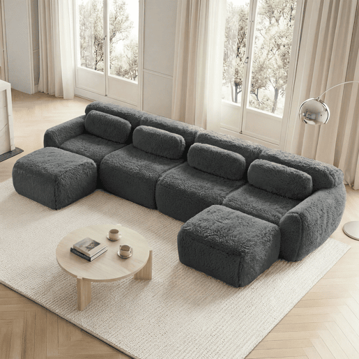 Sofá modular U 4 lugares - sem montagem, combinável, felpa, suporte ergonómico - Cinza Sofá modular U 4 lugares - sem montagem, combinável, felpa, suporte ergonómico - Cinza