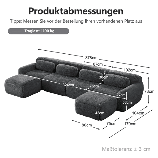 Sofá modular U 4 lugares - sem montagem, combinável, felpa, suporte ergonómico - Cinza Sofá modular U 4 lugares - sem montagem, combinável, felpa, suporte ergonómico - Cinza