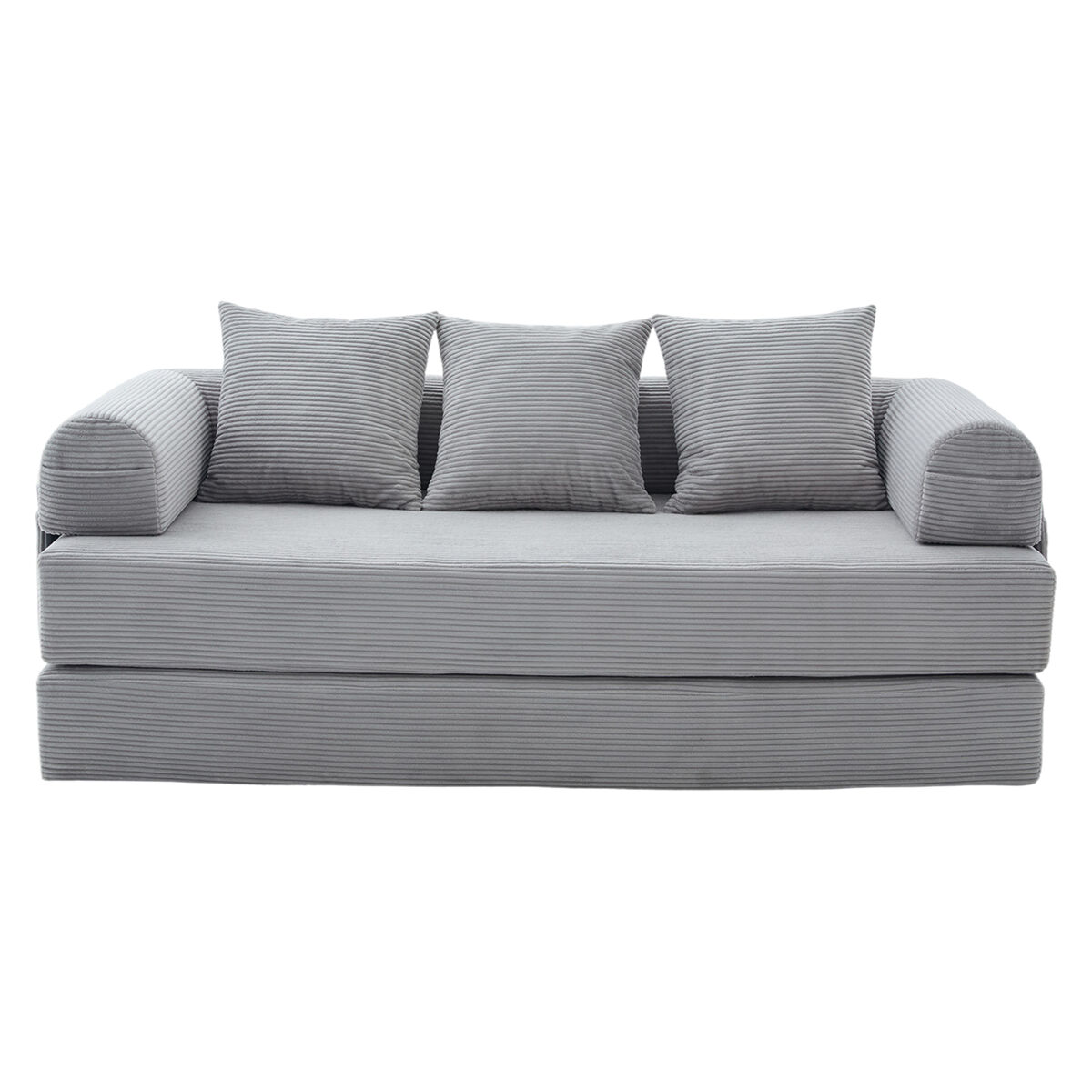 Sofá compresible 3 plazas - estructura metálica, 3 cojines, bolsillos laterales - gris claro