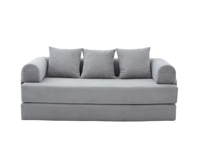 Sofá compresible 3 plazas - estructura metálica, 3 cojines, bolsillos laterales - gris claro