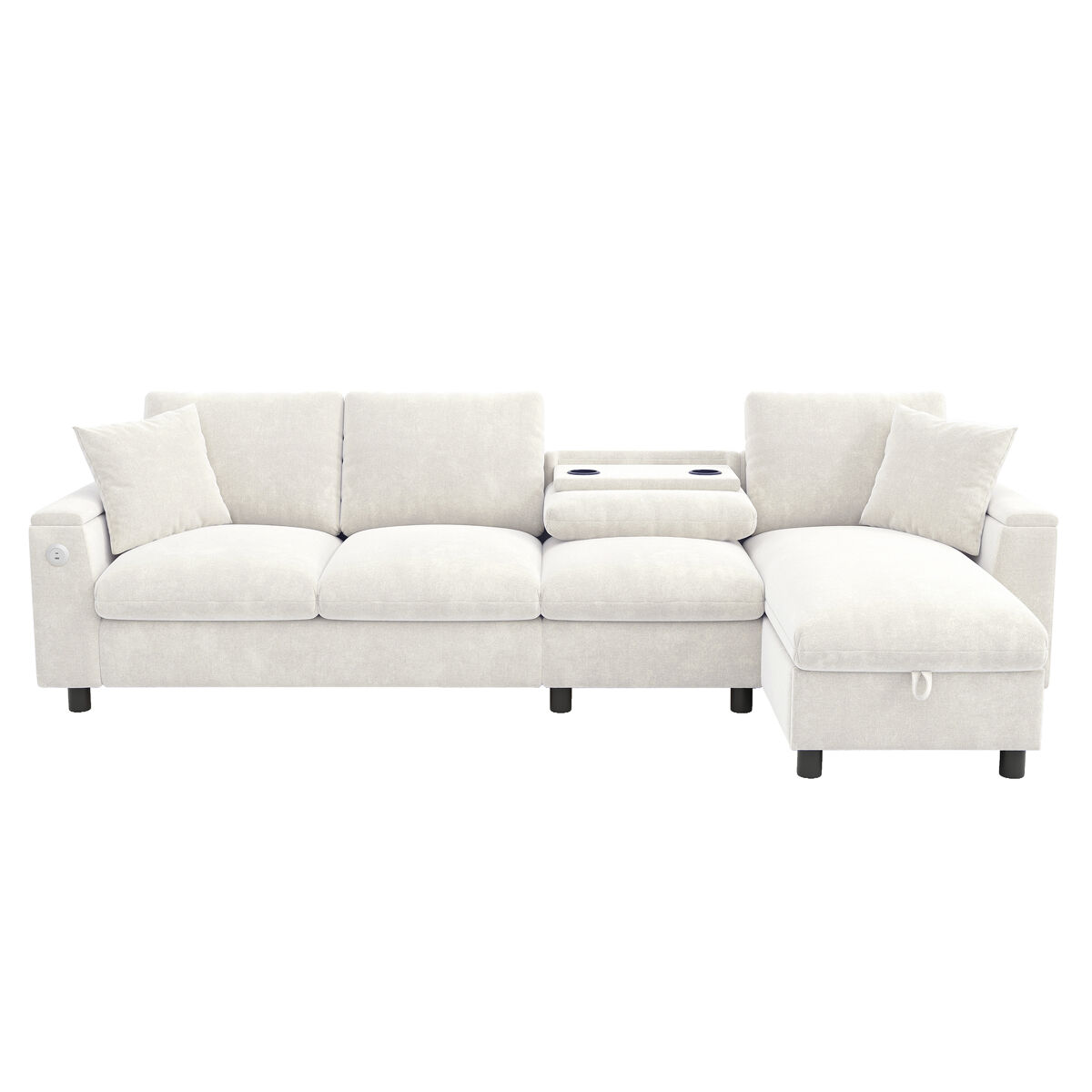 Sofá chenille 281x86x71 cm - esquina l, 2 reposabrazos con almacenamiento, mesa extensible, 1 usb, 1 tipo-c, beige