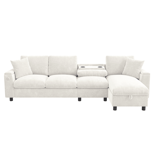 Sofá chenille 281x86x71 cm - Esquina L, 2 apoios de braços com arrumação, mesa extensível, 1 USB, 1 Tipo-C, Bege Sofá chenille 281x86x71 cm - Esquina L, 2 apoios de braços com arrumação, mesa extensível, 1 USB, 1 Tipo-C, Bege