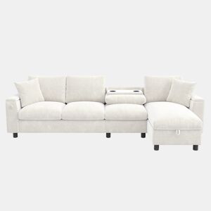 Sofá chenille 281x86x71 cm - Esquina L, 2 apoios de braços com arrumação, mesa extensível, 1 USB, 1 Tipo-C, Bege