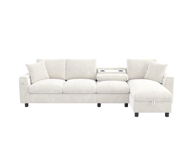 Sofá chenille 281x86x71 cm - esquina l, 2 reposabrazos con almacenamiento, mesa extensible, 1 usb, 1 tipo-c, beige