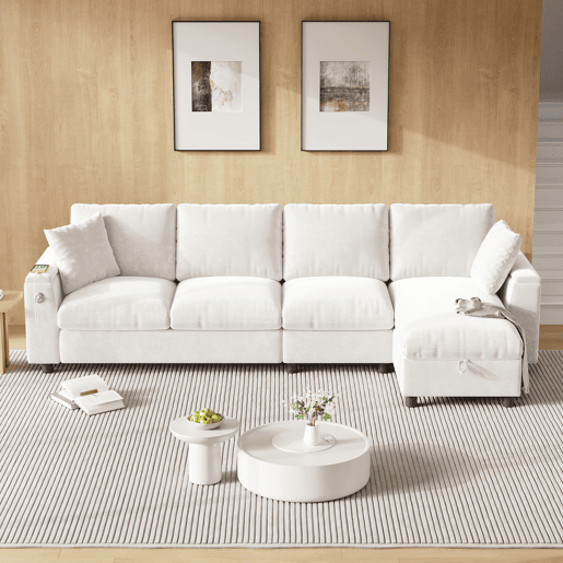 Sofá chenille 281x86x71 cm - Esquina L, 2 apoios de braços com arrumação, mesa extensível, 1 USB, 1 Tipo-C, Bege Sofá chenille 281x86x71 cm - Esquina L, 2 apoios de braços com arrumação, mesa extensível, 1 USB, 1 Tipo-C, Bege