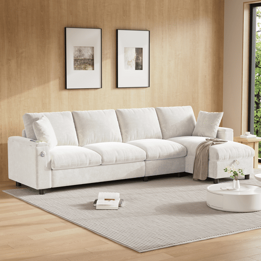 Sofá chenille 281x86x71 cm - Esquina L, 2 apoios de braços com arrumação, mesa extensível, 1 USB, 1 Tipo-C, Bege Sofá chenille 281x86x71 cm - Esquina L, 2 apoios de braços com arrumação, mesa extensível, 1 USB, 1 Tipo-C, Bege