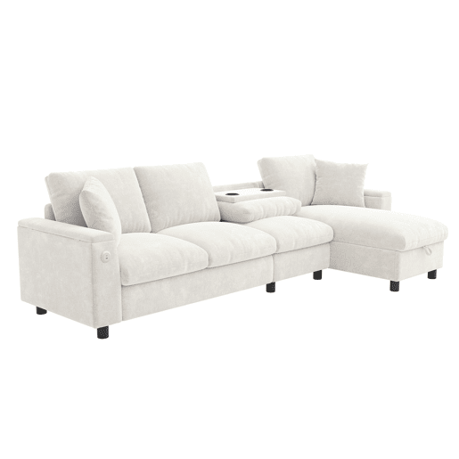 Sofá chenille 281x86x71 cm - Esquina L, 2 apoios de braços com arrumação, mesa extensível, 1 USB, 1 Tipo-C, Bege Sofá chenille 281x86x71 cm - Esquina L, 2 apoios de braços com arrumação, mesa extensível, 1 USB, 1 Tipo-C, Bege