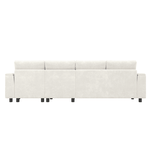Sofá chenille 281x86x71 cm - Esquina L, 2 apoios de braços com arrumação, mesa extensível, 1 USB, 1 Tipo-C, Bege Sofá chenille 281x86x71 cm - Esquina L, 2 apoios de braços com arrumação, mesa extensível, 1 USB, 1 Tipo-C, Bege
