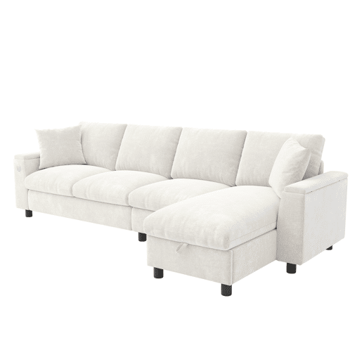 Sofá chenille 281x86x71 cm - Esquina L, 2 apoios de braços com arrumação, mesa extensível, 1 USB, 1 Tipo-C, Bege Sofá chenille 281x86x71 cm - Esquina L, 2 apoios de braços com arrumação, mesa extensível, 1 USB, 1 Tipo-C, Bege