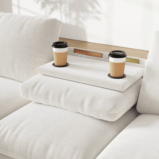 Sofá chenille 281x86x71 cm - Esquina L, 2 apoios de braços com arrumação, mesa extensível, 1 USB, 1 Tipo-C, Bege Sofá chenille 281x86x71 cm - Esquina L, 2 apoios de braços com arrumação, mesa extensível, 1 USB, 1 Tipo-C, Bege