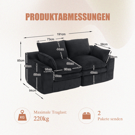 Sofá modular de veludo cotelê de 2 lugares - almofadas incluídas, bolsos laterais de dois tamanhos, espuma de 3 camadas + núcleo de molas, recuperação rápida, sala de estar e escritório - preto Sofá modular de veludo cotelê de 2 lugares - almofadas incluídas, bolsos laterais de dois tamanhos, espuma de 3 camadas + núcleo de molas, recuperação rápida, sala de estar e escritório - preto