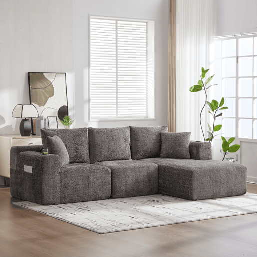 Sofá modular de canto 261×165 cm - em forma de L, assento profundo, sem montagem, com porta-copos - cinzento escuro