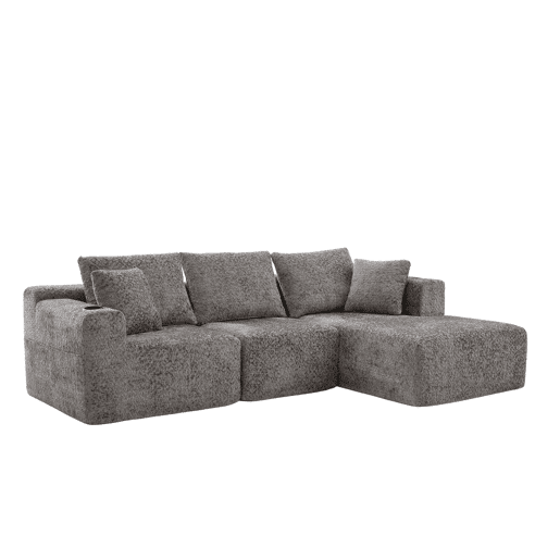 Sofá modular de canto 261×165 cm - em forma de L, assento profundo, sem montagem, com porta-copos - cinzento escuro