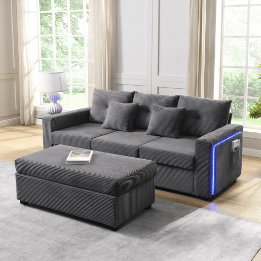 Sofá modular L 3 lugares + otomano grande - LED, assento nuvem, modular, alta resistência - Cinza Antigo Sofá modular L 3 lugares + otomano grande - LED, assento nuvem, modular, alta resistência - Cinza Antigo