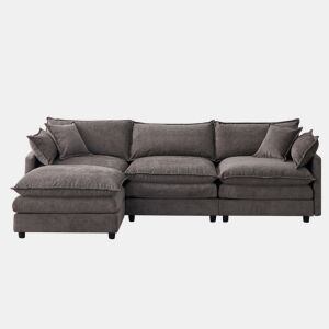 Sofá de canto modular de 3 lugares u2013 com chaise longue e banqueta, tecido de chenille premium, confortável e respirável u2013 cinzento