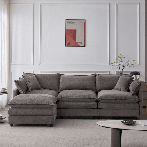 Sofá de canto modular de 3 lugares u2013 com chaise longue e banqueta, tecido de chenille premium, confortável e respirável u2013 cinzento Sofá de canto modular de 3 lugares u2013 com chaise longue e banqueta, tecido de chenille premium, confortável e respirável u2013 cinzento