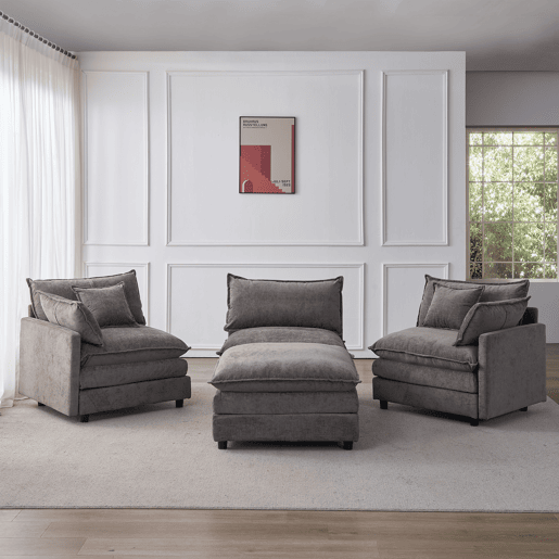 Sofá de canto modular de 3 lugares u2013 com chaise longue e banqueta, tecido de chenille premium, confortável e respirável u2013 cinzento Sofá de canto modular de 3 lugares u2013 com chaise longue e banqueta, tecido de chenille premium, confortável e respirável u2013 cinzento