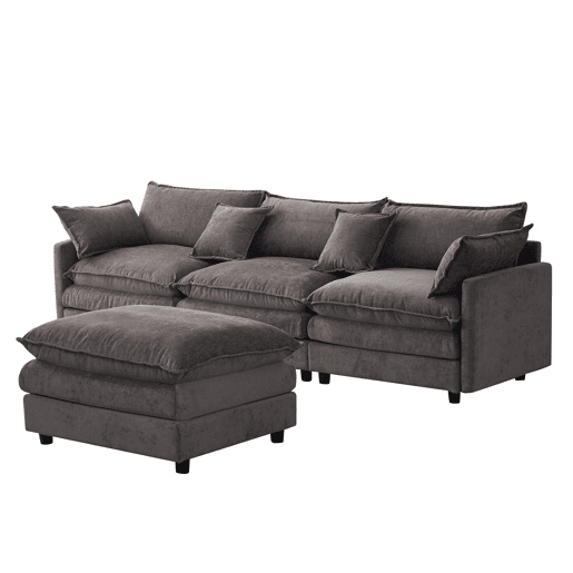 Sofá de canto modular de 3 lugares u2013 com chaise longue e banqueta, tecido de chenille premium, confortável e respirável u2013 cinzento Sofá de canto modular de 3 lugares u2013 com chaise longue e banqueta, tecido de chenille premium, confortável e respirável u2013 cinzento