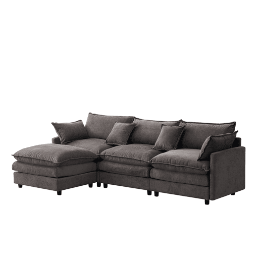 Sofá de canto modular de 3 lugares u2013 com chaise longue e banqueta, tecido de chenille premium, confortável e respirável u2013 cinzento Sofá de canto modular de 3 lugares u2013 com chaise longue e banqueta, tecido de chenille premium, confortável e respirável u2013 cinzento