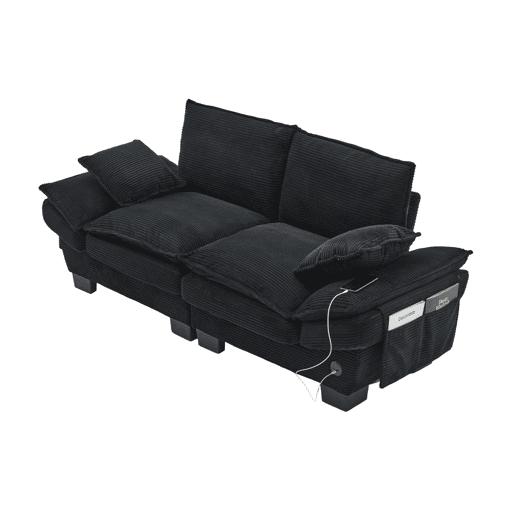 Sofá modular de 2 lugares - assento amplo, design ergonómico, espuma de alta densidade, porta USB-C e bolsos laterais - preto Sofá modular de 2 lugares - assento amplo, design ergonómico, espuma de alta densidade, porta USB-C e bolsos laterais - preto
