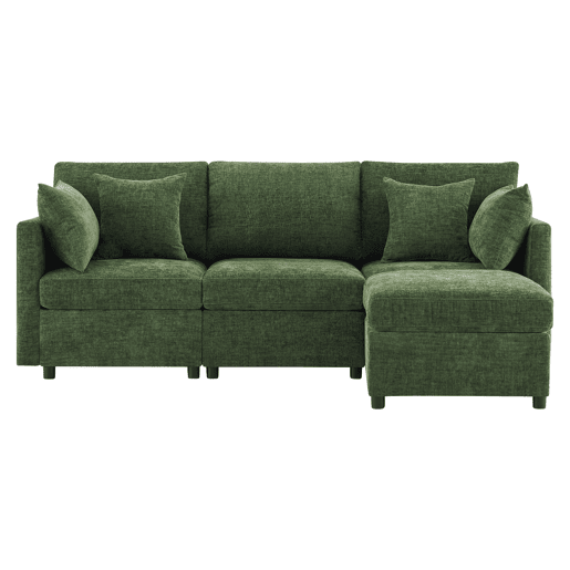 Sofá modular em L - conversível de 3 lugares, com pufe e 4 almofadas de chenille - verde Sofá modular em L - conversível de 3 lugares, com pufe e 4 almofadas de chenille - verde