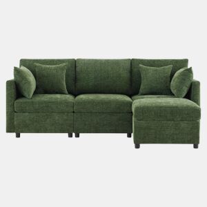 Sofá modular em L - conversível de 3 lugares, com pufe e 4 almofadas de chenille - verde