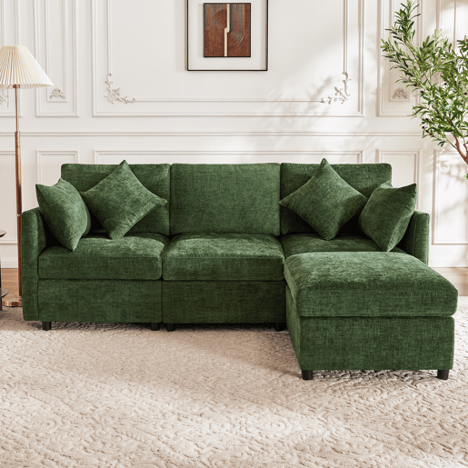 Sofá modular em L - conversível de 3 lugares, com pufe e 4 almofadas de chenille - verde Sofá modular em L - conversível de 3 lugares, com pufe e 4 almofadas de chenille - verde