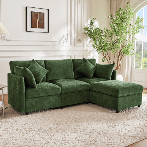 Sofá modular em L - conversível de 3 lugares, com pufe e 4 almofadas de chenille - verde Sofá modular em L - conversível de 3 lugares, com pufe e 4 almofadas de chenille - verde